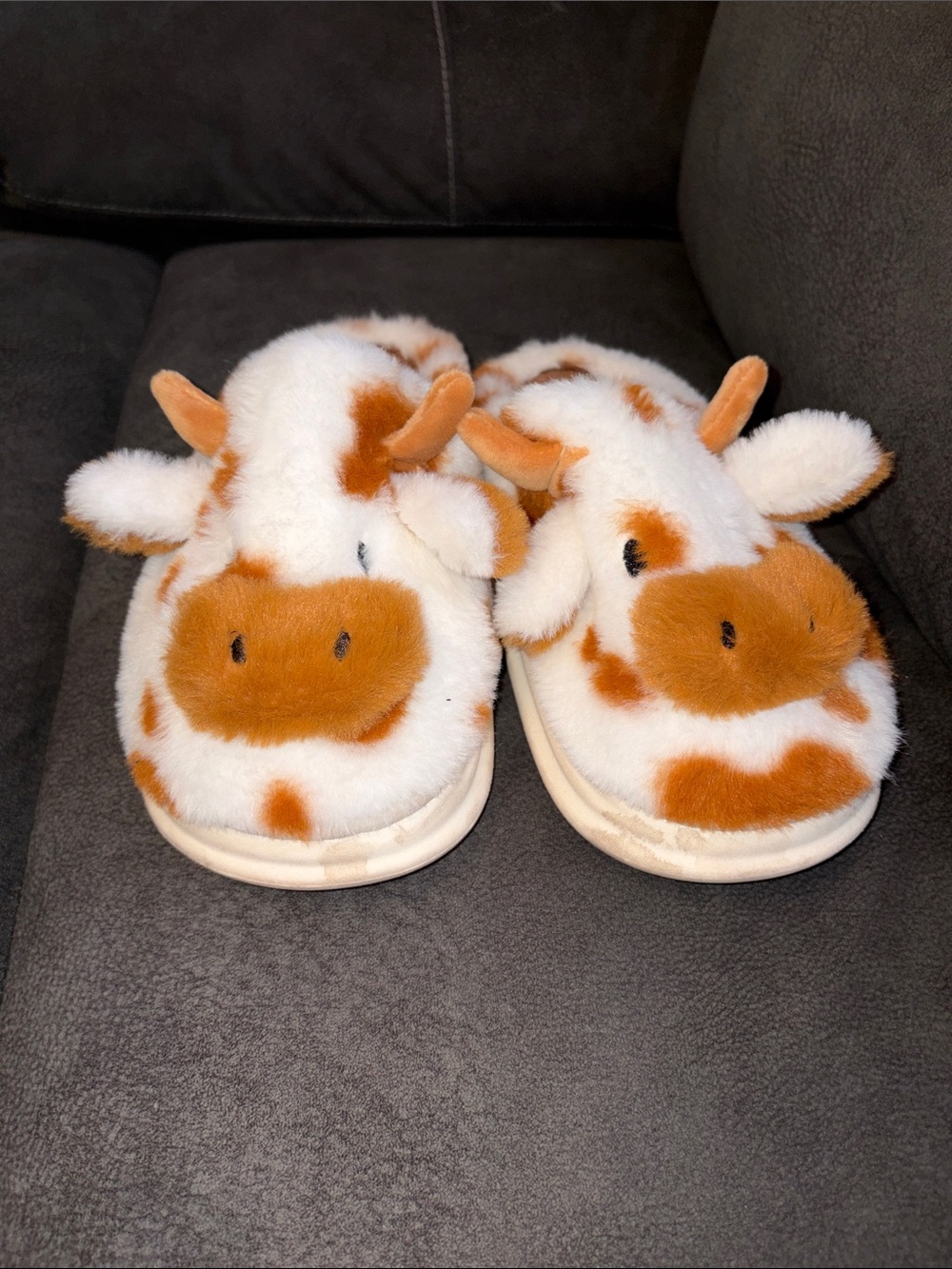 Plush Cow Print Women’s Slippers - White & Brown
